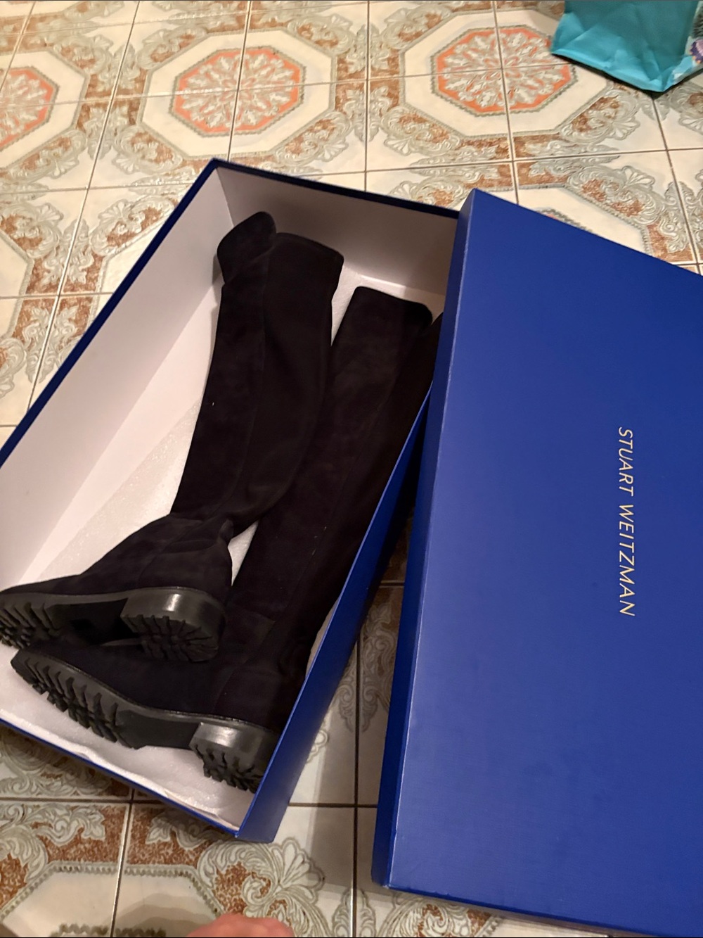 Stuart Weitzman Tall Black Suede Over-the-Knee Lug-Sole Boots